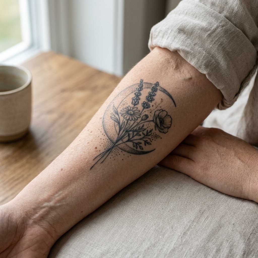 5-year aged crescent moon wildflower tattoo on forearm — naturally faded, softened lines integrated into skin
