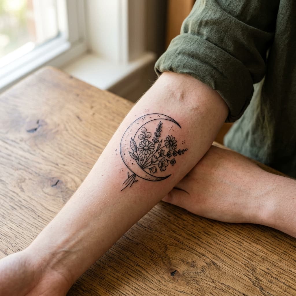 Fresh crescent moon wildflower tattoo on forearm, day one — crisp deep black linework
