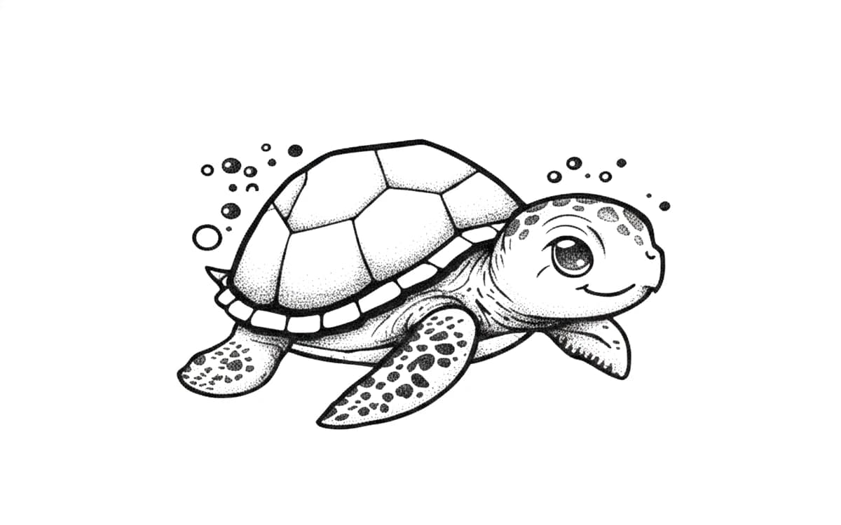 Cute baby sea turtle tattoo with stippled shading and bubbles.