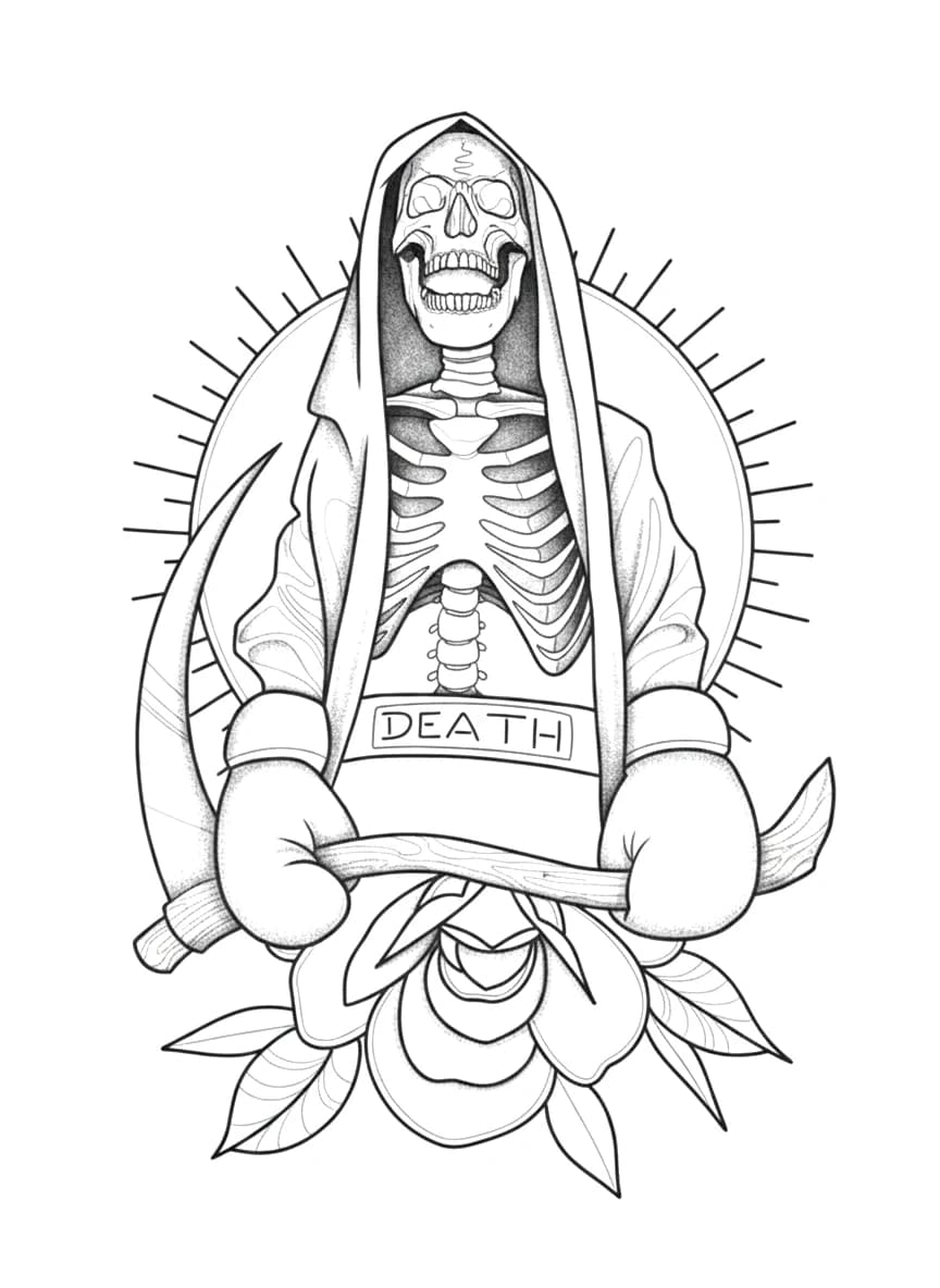 Blackwork tattoo of a boxing skeleton Grim Reaper with a scythe and rose.