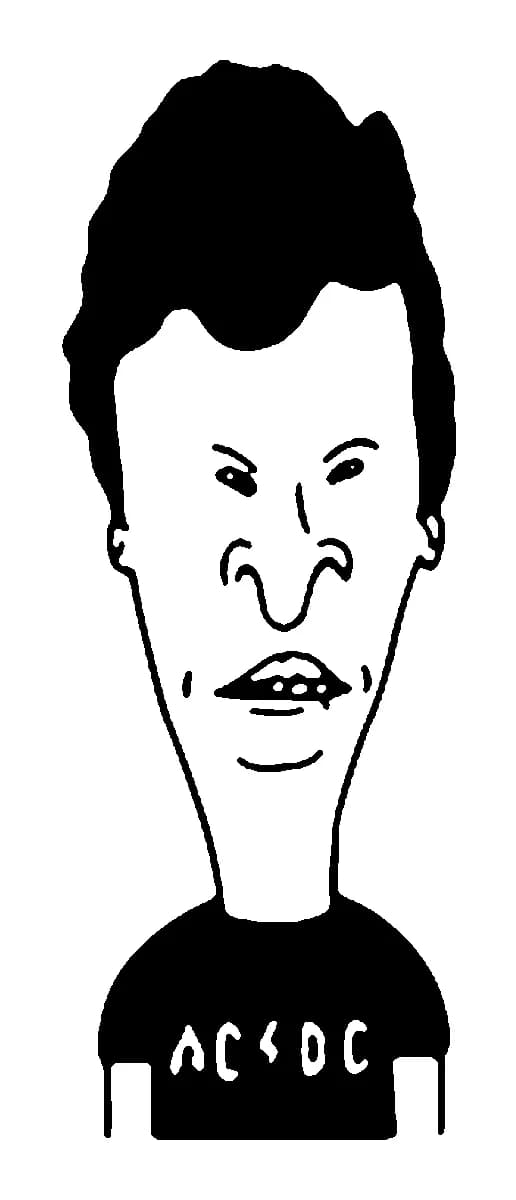 Black ink tattoo design of Butt-head from Beavis and Butt-Head wearing an AC/DC t-shirt.