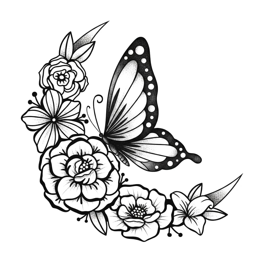 Illustrative blackwork tattoo design featuring a butterfly perched on a crescent-shaped floral bouquet with stippling.