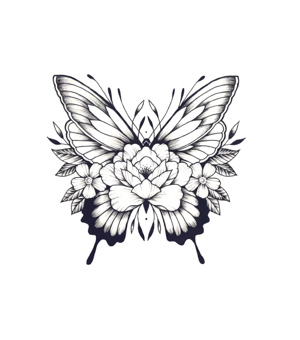 Symmetrical blackwork tattoo design depicting a butterfly with a central peony and side cherry blossoms.