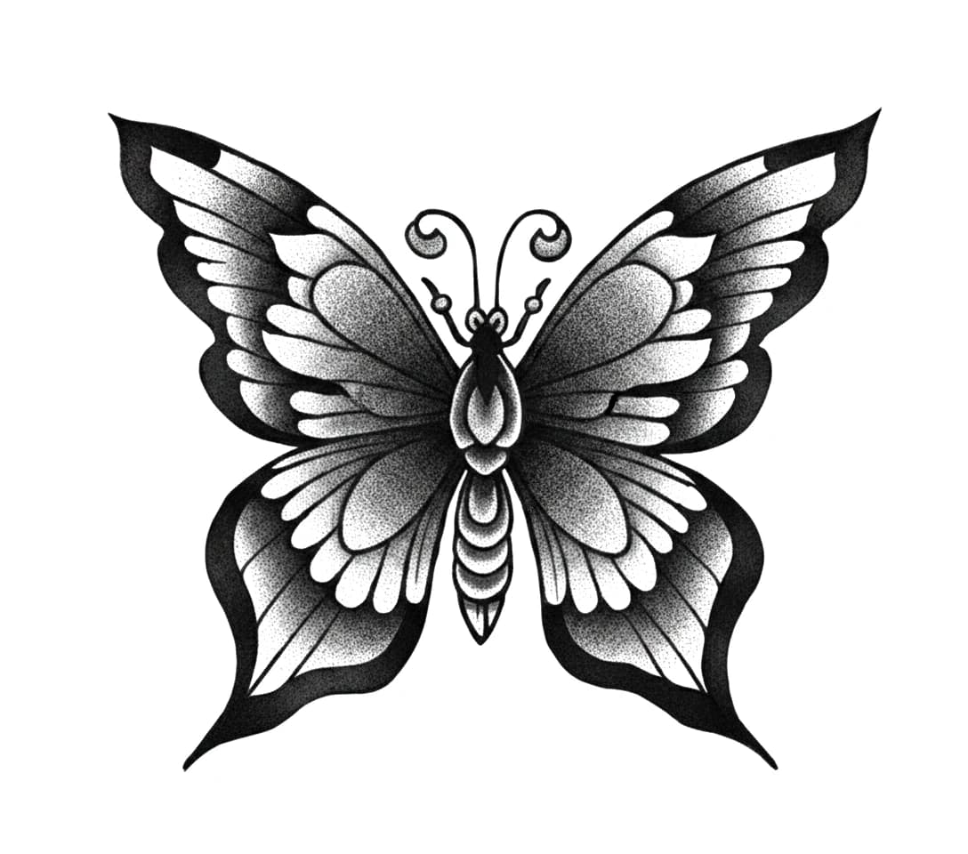 Blackwork butterfly tattoo with bold outlines, symmetrical stippled wings, and stylized antennae.