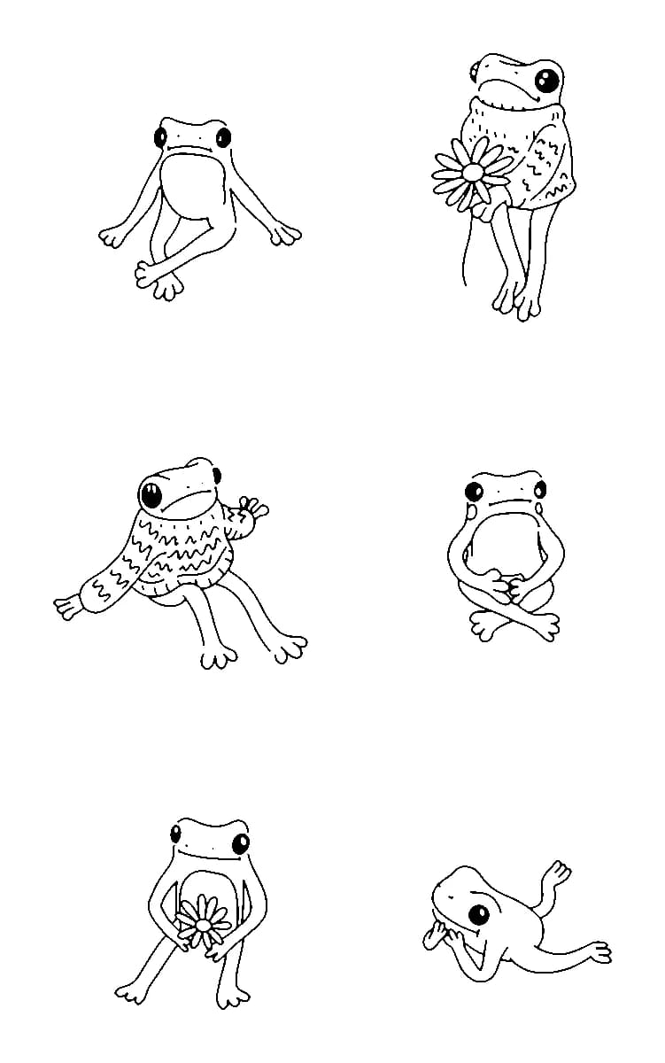 Six minimalist line drawings of cute cartoon frogs in whimsical poses, some wearing sweaters and holding daisies.