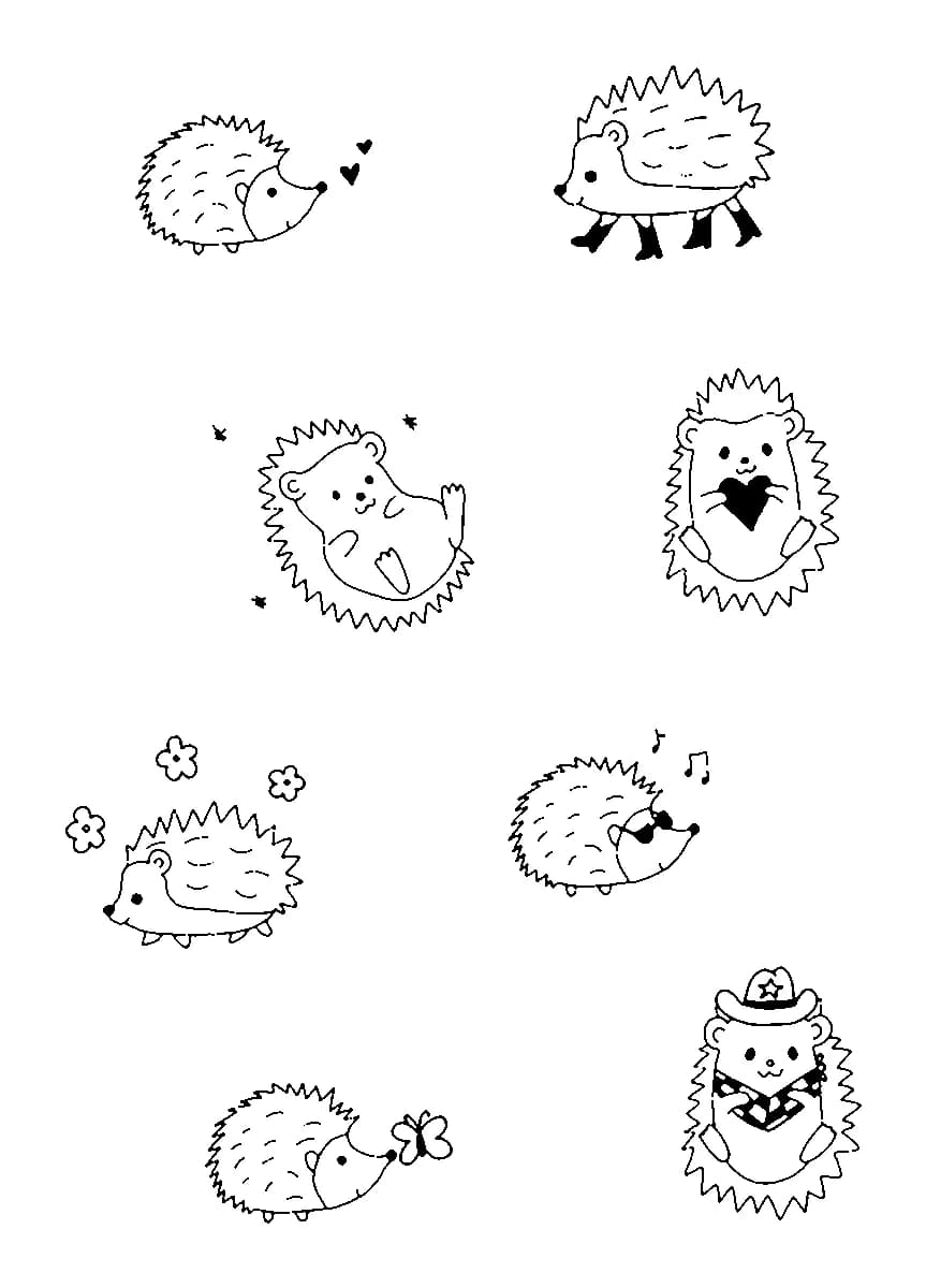 Minimalist black ink flash sheet featuring cute cartoon hedgehog illustrations in various playful poses.