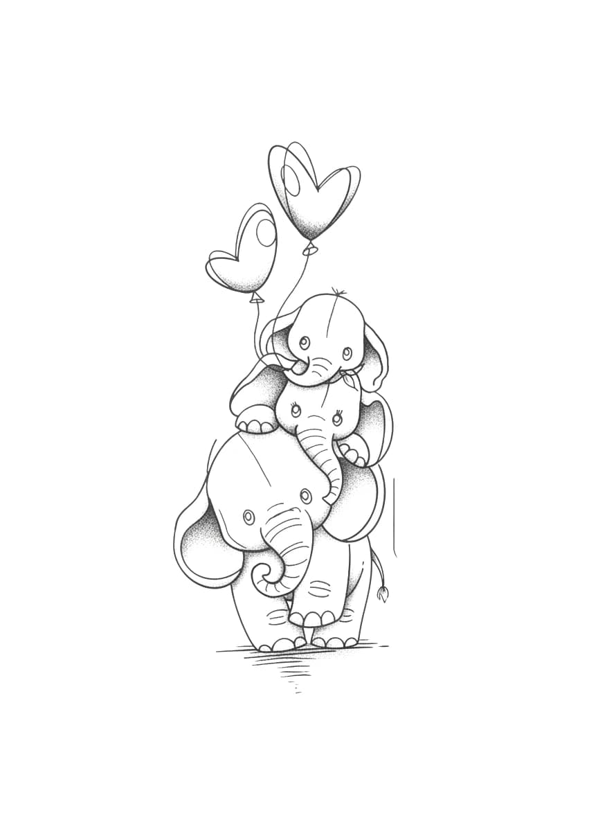 Stacked cartoon elephants with heart balloons in illustrative stippled style.