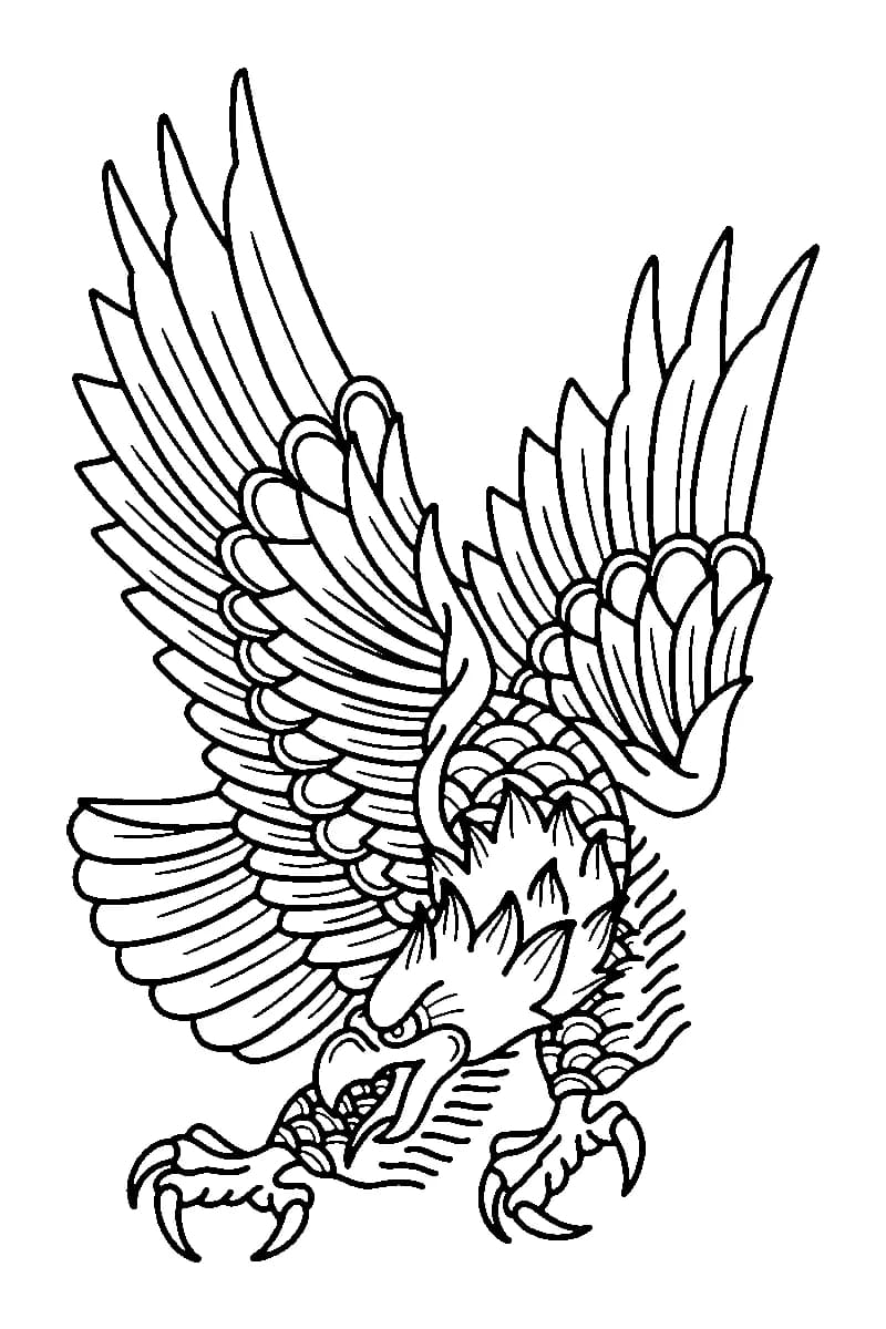 Traditional eagle tattoo line work showing a swooping bird with open wings.