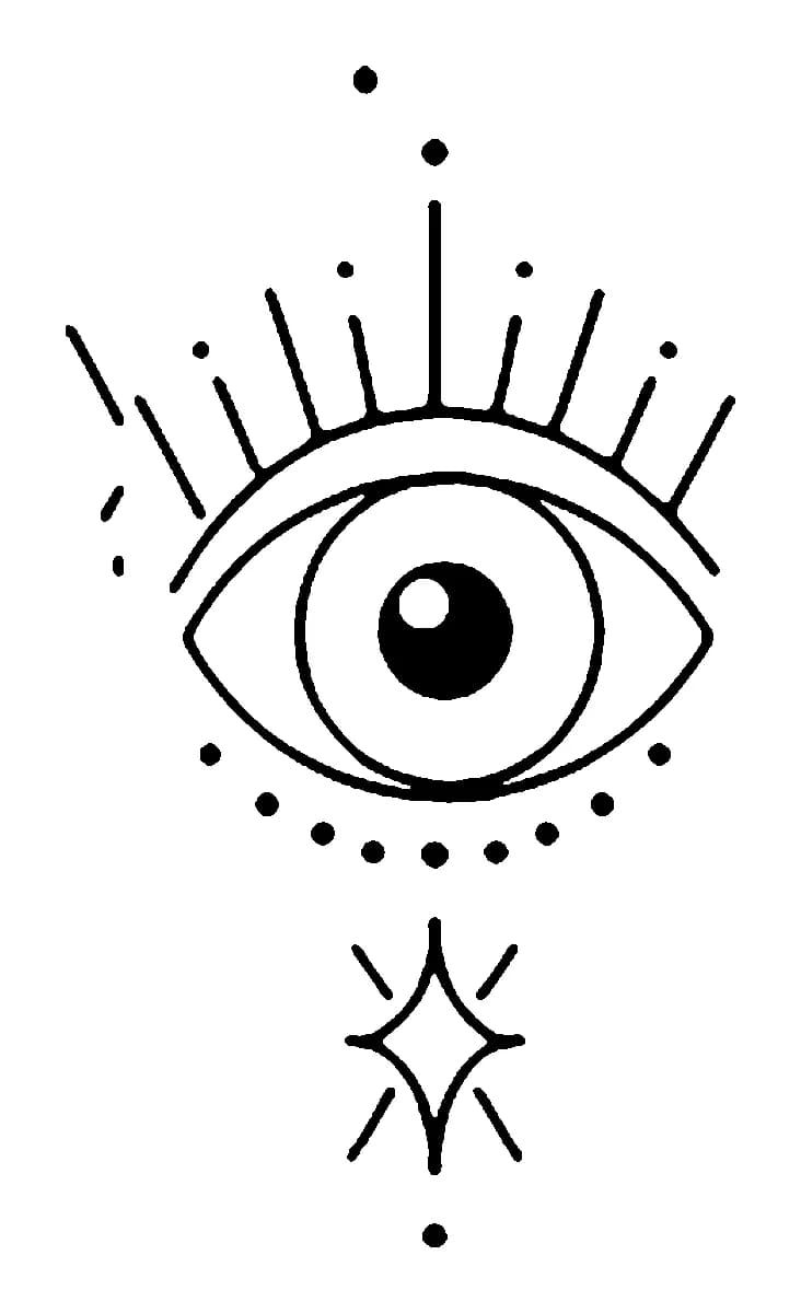 Minimalist fine line tattoo of an eye with radiating lashes and a star below.