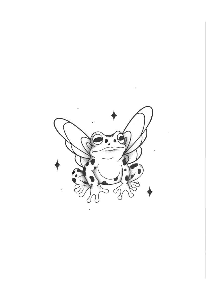 Illustrative blackwork tattoo design of a spotted frog with fairy wings and stars.