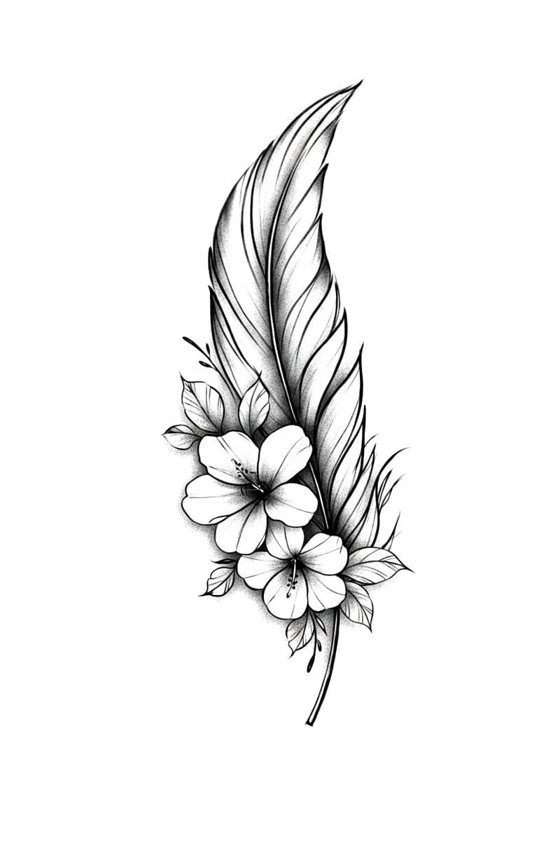 Illustrative blackwork tattoo design featuring a flowing feather intertwined with detailed hibiscus flowers.