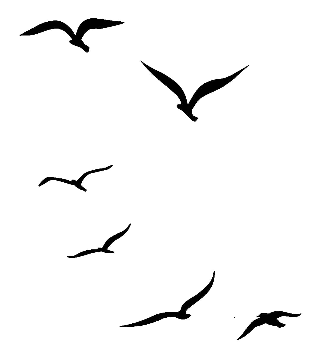 Minimalist black silhouette tattoo of a flock of flying seagulls in motion.