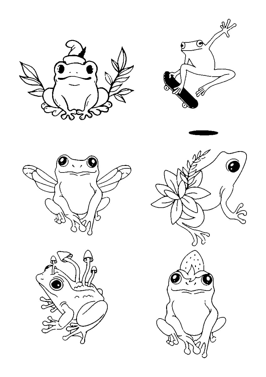 Six minimalist black ink frog flash tattoo designs in various whimsical poses.