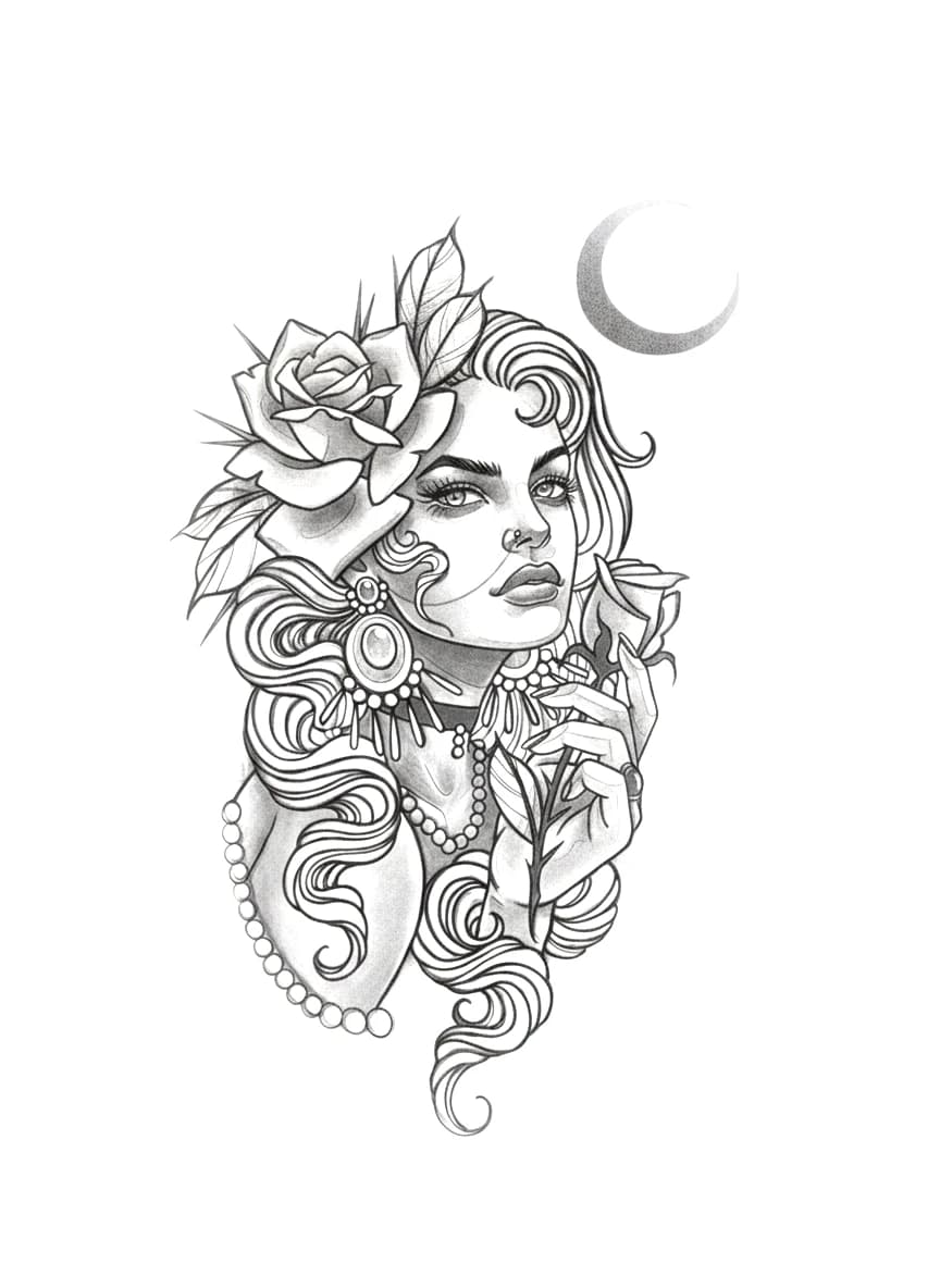 Neo-traditional portrait of a woman with roses and a crescent moon.
