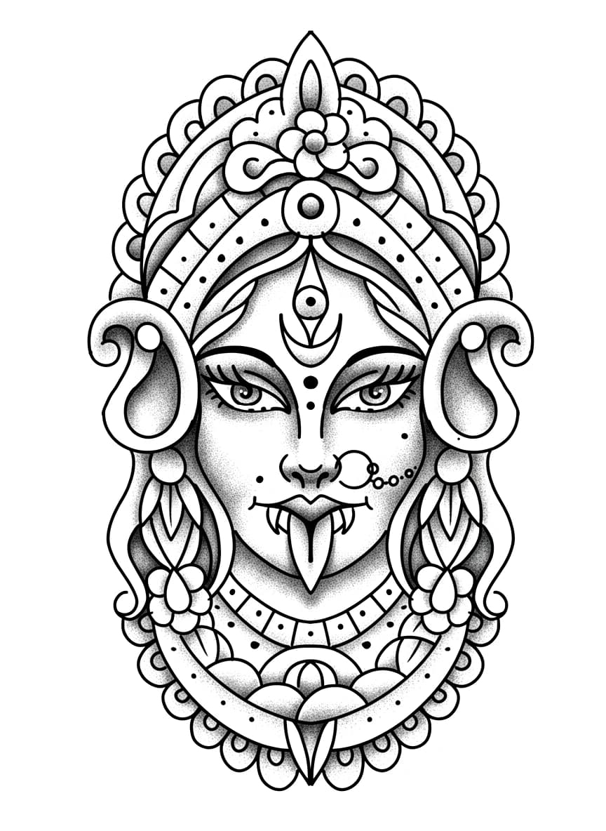 Neo-traditional blackwork tattoo design of Hindu goddess Kali featuring a third eye, fangs, and a highly decorative crown.