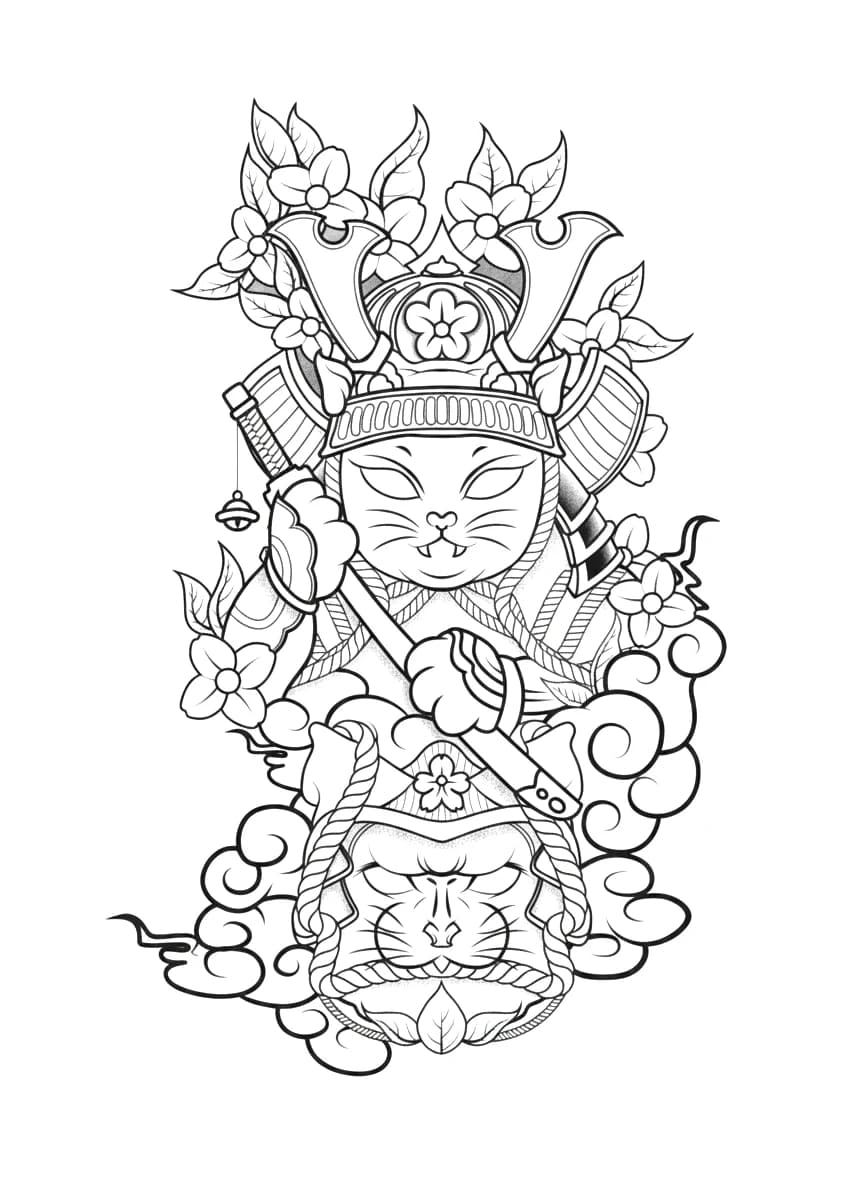 Japanese samurai cat with kabuto and katana