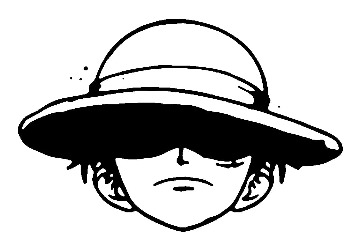 Blackwork tattoo art of Monkey D. Luffy from One Piece in his signature straw hat with shadowed eyes.