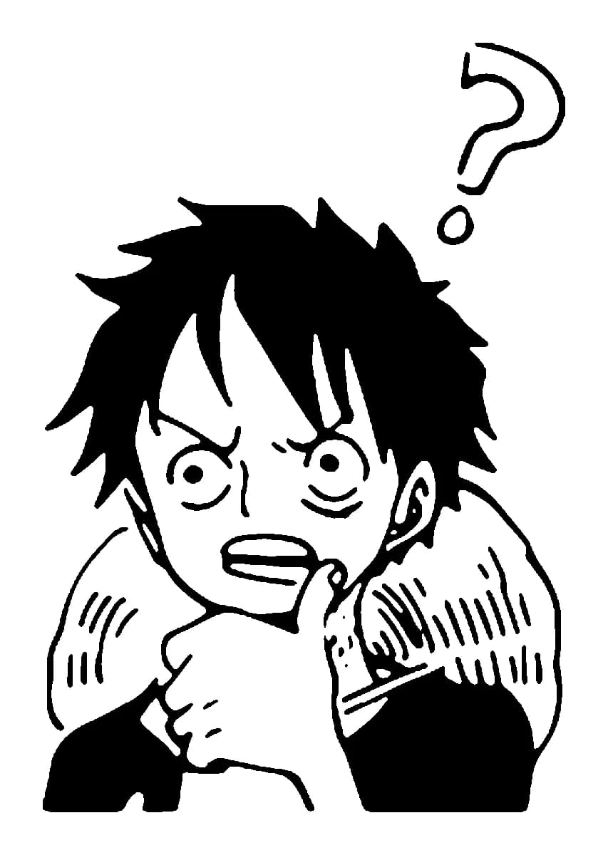 Blackwork tattoo art of a confused Monkey D. Luffy with a question mark over his head.
