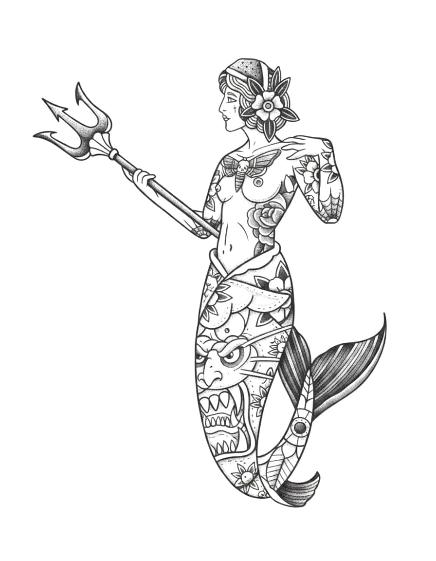 Neo-traditional black and grey mermaid holding a trident, decorated with a Hannya mask and body tattoos.