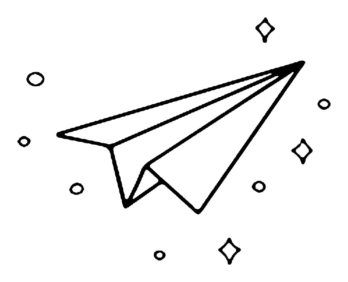 Minimalist paper airplane line art tattoo design surrounded by simple star sparkles and dots.