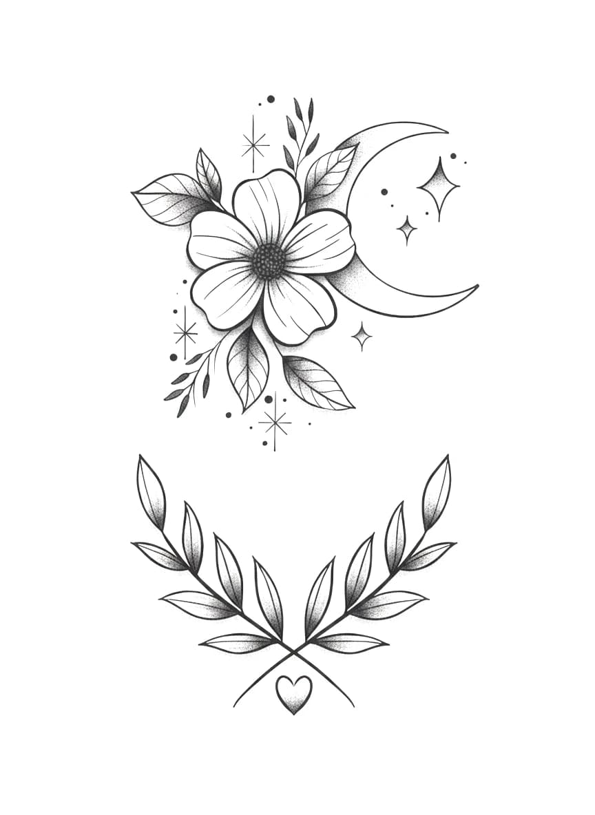 Fine line tattoo design of a plum blossom with a crescent moon and crossed branches.