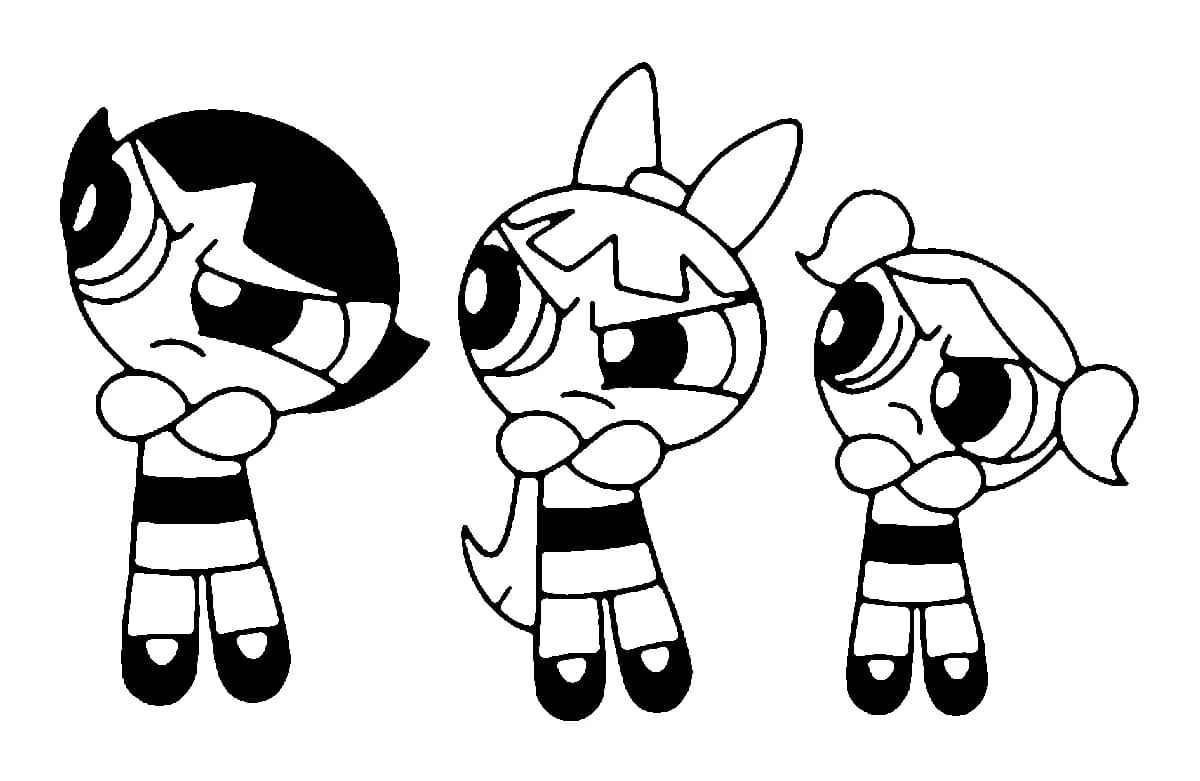 Black and white line art tattoo design of the Powerpuff Girls with crossed arms and determined expressions.