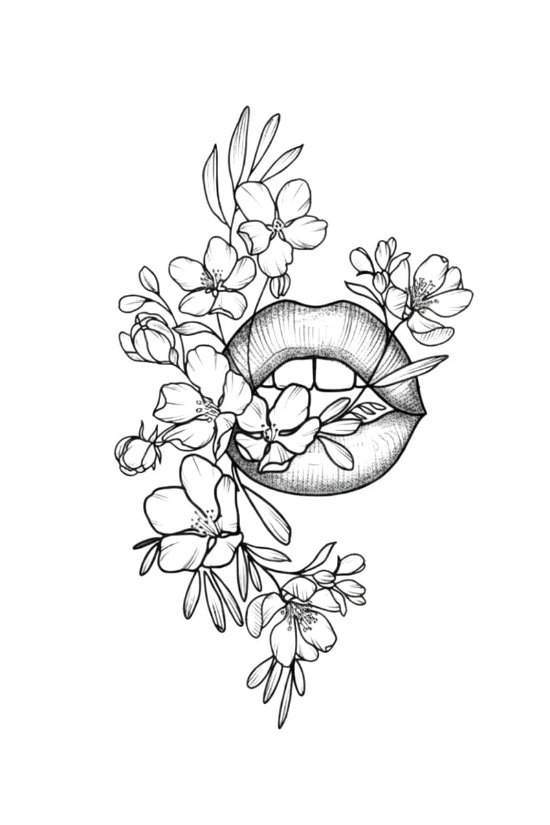 Fine line tattoo design of parted lips framed by blooming cherry blossoms with stipple shading.