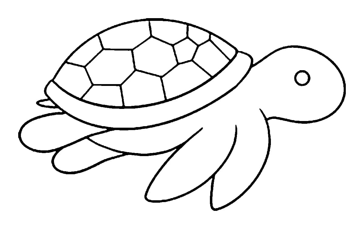 Minimalist black outline of a cartoon sea turtle swimming, showcasing a patterned shell.