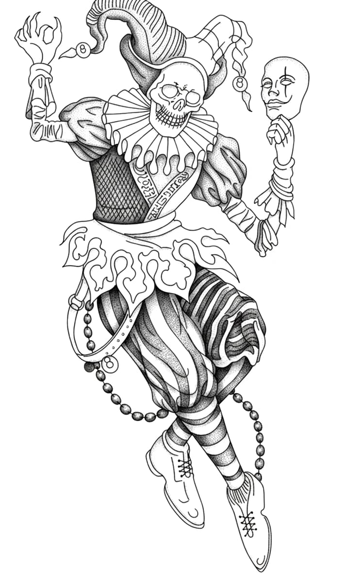 skeletal court jester holding a smiling mask with eight-ball charms