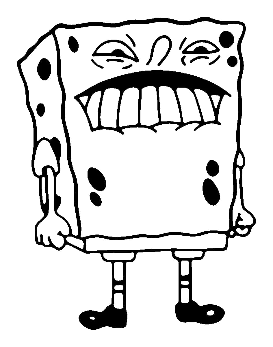 Black and white linework tattoo design of a grinning, wide-eyed Spongebob Squarepants meme character.