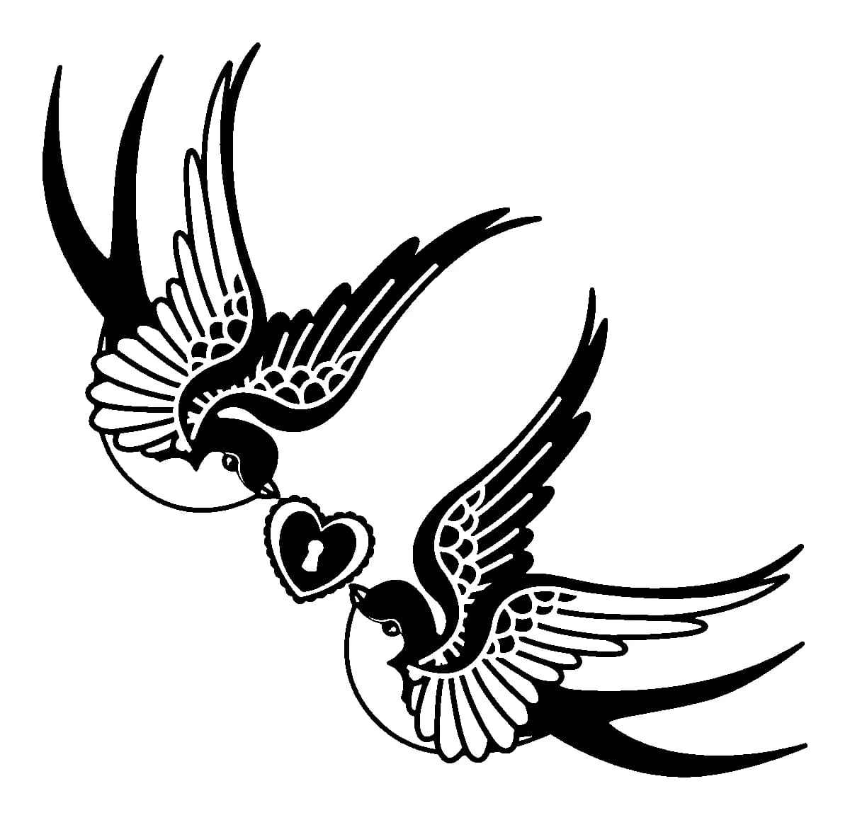 Black and white traditional tattoo design of two flying swallows holding a heart lock.