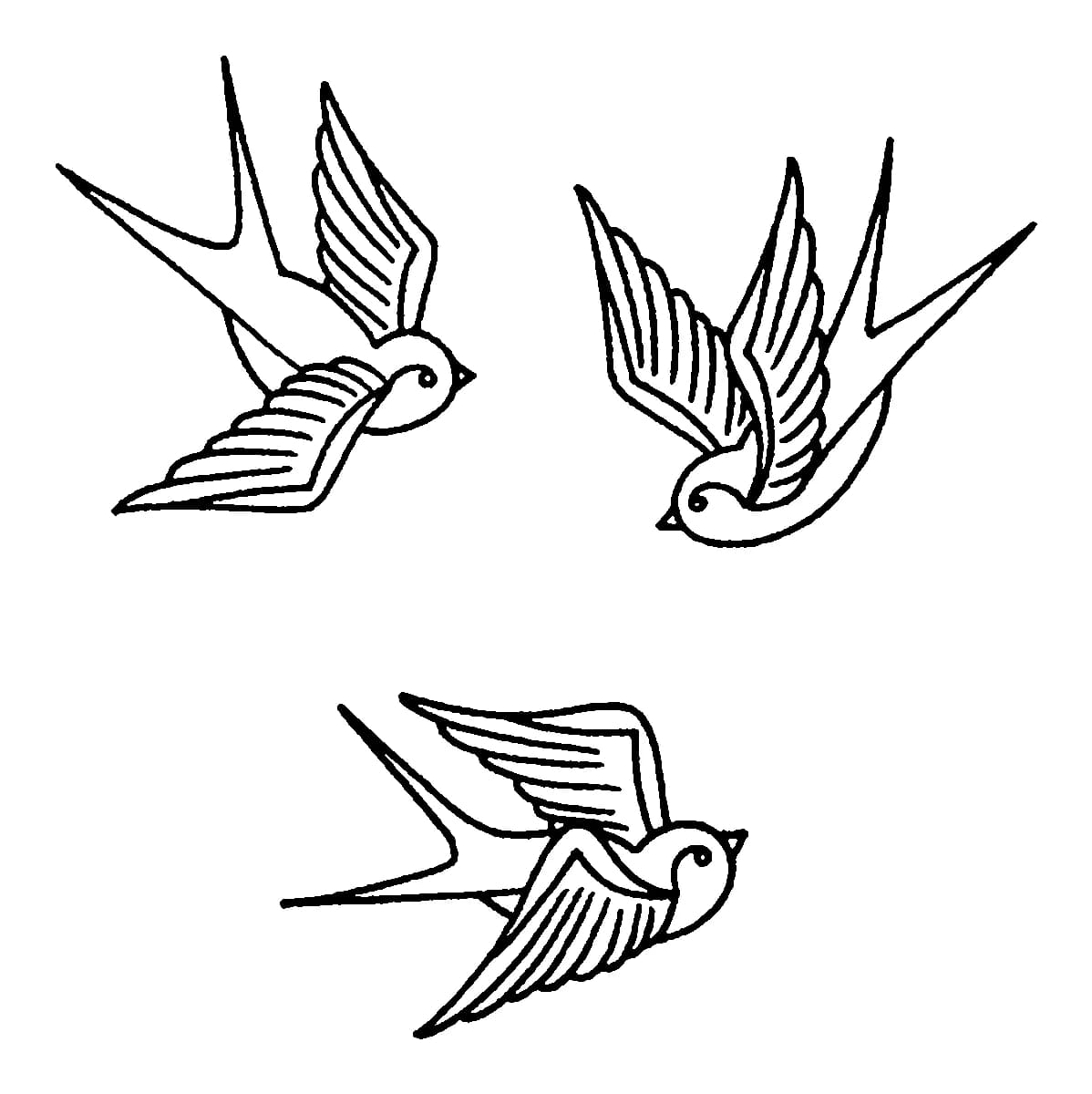 Three traditional swallow birds in flight, shown as minimalist black outlines.