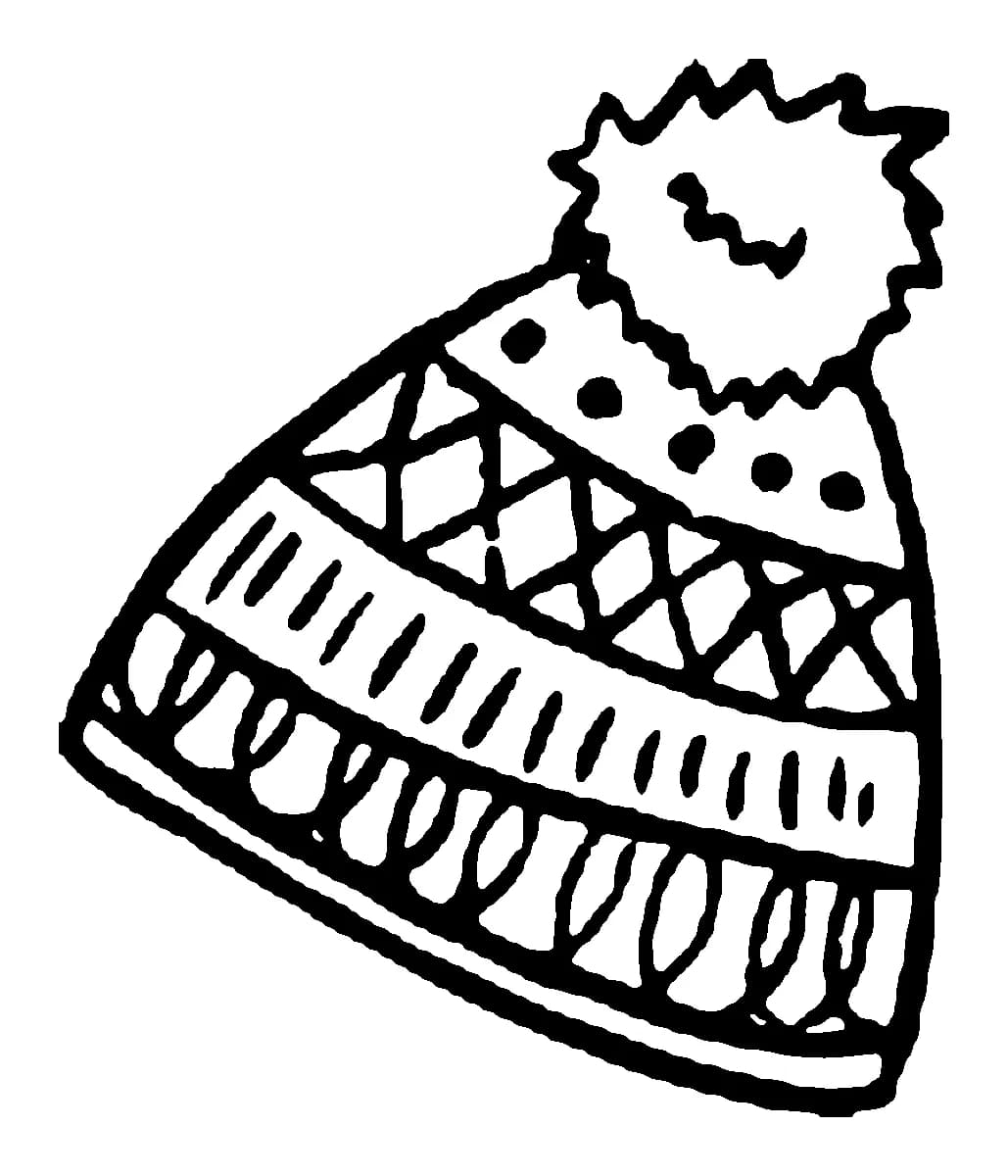Hand-drawn black ink illustration of a winter beanie hat with a pom-pom and patterned knit details.