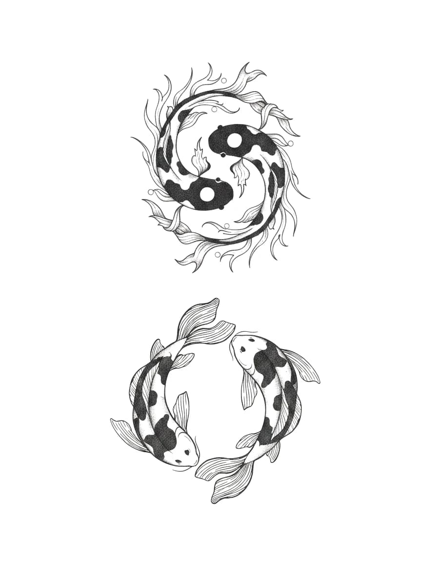 Illustrative blackwork tattoo design showing dual koi fish in circular yin-yang compositions.